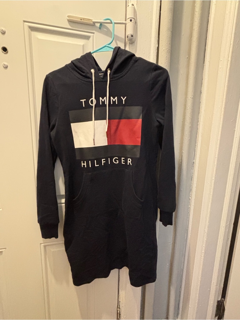 Tommy Hilfiger Navy Crewneck Hoodie Dress with White and Red Flag